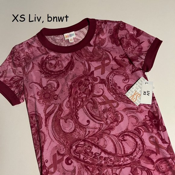 LuLaRoe Tops - XS Lularoe Liv T, ACA pink ribbons and paisleys